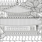 Illustration einer traditionellen asiatischen Architektur mit stilisierten Wolken und dekorativen Mustern.