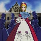 Eine junge Frau in historischem Kleid hält einen blauen Fächer, umgeben von Silhouetten vor einem Palast.