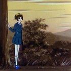 Illustration: Ein Mädchen in Schuluniform lehnt an einem Baum, umgeben von einer malerischen Landschaft bei Sonnenuntergang.