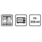 "ca. 350 ml"; Symbole: Geschirrspüler, Mikrowelle, Flüssigkeitsmenge.