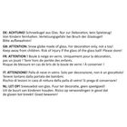 Warnhinweise in mehreren Sprachen über eine Glaskugel als Dekoration, kein Spielzeug, von Kindern fernhalten.