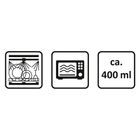 Drei Symbole: Geschirrspüler, Mikrowelle, "ca. 400 ml". Alle in schwarz-weißen Icon-Boxen.