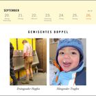 Kalenderseite September Woche 38. Zwei Bilder: Links Mann in Lederhose, rechts Kind mit laufender Nase. Texte: "Drängender Hopfen", "Hängender Tropfen".