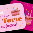 „Du bist kaum in Torte zu fassen!“ Farbenfrohe Illustration mit Kuchen und Kerzen.