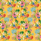 Blumenmuster mit leuchtenden Farben auf gelbem Hintergrund, bestehend aus roten, blauen, weißen und rosa Blüten.