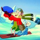 Illustration zweier winterlich gekleideter Figuren, die auf Skiern fahren. Eine hält ein blaues Objekt.