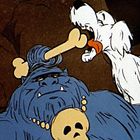 Text nicht vorhanden. Ein blauer Gorilla mit Knochen im Haar, daneben ein weißer Hund, der laut bellt. Illustration.