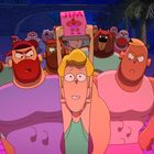 Eine Comic-Illustration mit Figuren, ein Mann hält ein Poster hoch mit "JIM" und einer Figur darauf, umgeben von finster blickenden Muskelmännern.