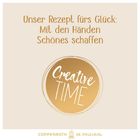 "Unser Rezept fürs Glück: Mit den Händen Schönes schaffen." Illustration mit rundem goldenen "Creative Time"-Emblem.