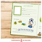 "ALLES ÜBER MICH. Ich heiße: ..., Hier wohne ich: ... Zeichnungen von Gras, Hut, Ball und Kind mit Fußball."