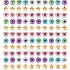 Reihen aus goldenen Sternen, rosa Herzen und bunten Kreisen in regelmäßigen Mustern aufweißem Hintergrund.