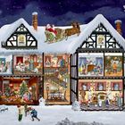 Illustration eines verschneiten Hauses mit offenen Räumen, festlich geschmückt. Weihnachtsmann im Schlitten auf dem Dach.