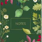 "NOTES" in Gold auf grünem Hintergrund, umgeben von bunten Blüten und Blättern. Florales Muster.