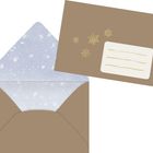 Beschriftetes Feld mit drei Linien auf einer braunen Karte, daneben Schneeflocken-Muster. Umschlag mit weißen Punkten innen.