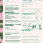 **Texte:** Hübsche Geschenk­schleife, Kuvert für ein Geld oder Gutschein­geschenk, Grusskarten für jede Gelegenheit, Viel Spaß beim Basteln, Dekorieren und Verschenken!

**Beschreibung:** Anleitungen und Illustrationen für Geschenkdekorationen auf grünem und rosa Hintergrund.