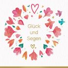 "Glück und Segen" steht in der Mitte, umgeben von bunten Blumen, Herzen und Vögeln in einer kreisförmigen Anordnung.