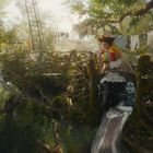 Eine Frau in bunter Kleidung steht in einem Baumhaus mit Wäscheleinen und Wasserfall.