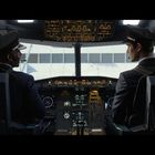 Zwei Piloten sitzen im Cockpit eines Flugzeugs, umgeben von vielen Instrumenten und Schaltern.