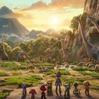 Illustration: Eine bunte Landschaft mit Dinosauriern und Charakteren, umgeben von Bergen und einem Sonnenuntergang im Hintergrund.