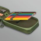 Bunte Buntstifte in einem aufklappbaren, grünen Federmäppchen. Die Stifte sind ordentlich in Reihen befestigt.