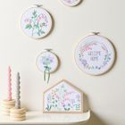 Stickerei mit "WELCOME HOME", Blumenmuster in Ringen, dekoriert mit zarten Pastellfarben, zwei Kerzen links.