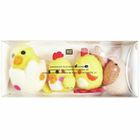 Aufschrift: "Anhänger Filz-Osterfiguren, 4 Stk/Pcs." Zeigt drei bunte Filztiere: gelbe Küken und brauner Hase in Verpackung.