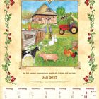 Kalenderblatt "Juli 2027". Illustration: Bauernhof-Szene mit Tieren, Traktor, Personen, verziert mit roten Beeren.