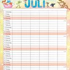 Kalender mit „Juli“ oben in blauer Schrift. Verspielte Tiere, darunter Fuchs, Frosch, Maus, Hase und Vögel, umgeben den Titel.