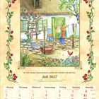 "Juli. Im Juli warmer Sonnenschein, macht alle Früchte reif und fein. Juli 2027. Kalender mit Illustration eines idyllischen Hofes."