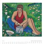 Texte: "Juli | July", "DUMONTS GROSSER KUNSTKALENDER 2027". 
Illustration: Frau in Rot schält Kartoffeln auf einer Wiese.