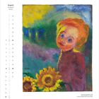 August, bunte Illustration mit Kind und Sonnenblumen. Warme Farben, gelbe und blaue Akzente. "Kleine Sonnenblumen, 1946".