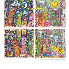 Farbenfrohe Illustration mit vier Quadranten, chaotischen Szenen, Häusern mit Gesichtern, UFOs und lachenden Sonnen. Unten: Zahl 07.