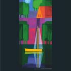 1 bis 31, darunter die Zahl 07. Illustration mit Segelboot und Farbflächen in Grün, Lila, Blau und Orange.