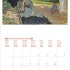 Oben ein Gemälde einer Frau mit Schirm im Garten. Darunter "July Juillet Luglio Julio Juli Juli" in Rot, dann ein Kalender.