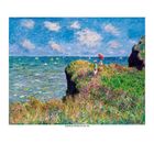 Claudia Monet, Cliff Walk at Pourville, 1882. Eine bunte Küstenszene mit grünen Klippen, Meer und blauem Himmel.