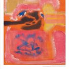 Eine bunte abstrakte Illustration mit kräftigen Orange-, Pink- und Blautönen. Kalendarium unten mit hervorgehobenem 18.