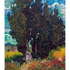 "Vincent van Gogh (1853–1890), Zypressen mit zwei Figuren, 1889–1890." Malerei mit Zypressen, Blumen und Figuren im Feld.