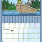 Kalender mit Angler-Illustration. Oben Pettersson und Findus im Boot. Unten Kalenderdaten für Juli 2027.