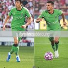 Text "Vorjahresabbildung" mittig. Links Shota Machino, rechts Kevin Stöger in grünen Trikots, unten Kalender.