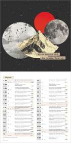 Text: "Alles beginnt mit dem ersten Schritt." Kombination aus Bergen, Planeten, Sternbild und rotem Kreis auf schwarzem Hintergrund.