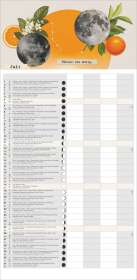 "Juli. Fühlen ist mutig." Kalenderblatt mit Mondphasen, Pflanzen und Orangen. Tabelle mit Aufgaben nach Datum sortiert.