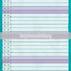 "Vorjahresabbildung" in der Mitte. Kalender für Juli; bunte Blumenillustration, Hintergrund in Türkis.