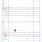 Kalenderillustration April: Tabelle mit Wochentagen und bunten Zahlen. Szenen mit Drachen, Tieren und Musikinstrumenten.