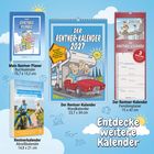 Mein Rentner Planer: Buchkalender und Formate. Illustration: Rentner im Auto vor einem Wohnmobil, Sonne, Wolken.