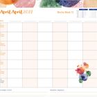 Kalenderwoche 15, April 2027. Spalten für Tage, Name, To-do- und Einkaufsliste. Bunte Kreise als Verzierungen.