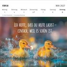 KW18, Montag 3 bis Sonntag 9, Mai 2027. Spruch: "Ich hoffe, dass du heute lachst - einfach, weil es schön ist." Zwei junge Enten im Wasser.