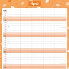 "Zwischen Wäschebergen und Hausaufgaben stapelt sich unser Humor. April." Monatskalender auf orangegemustertem Hintergrund.