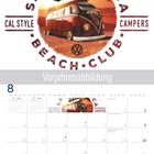 "Santa Monica Beach Club, Vorjahresabbildung. Illustration eines VW-Busses am Strand bei Sonnenuntergang."