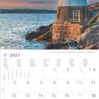 Kalenderblatt für Juli 2027 mit Leuchtturm am Meer bei Sonnenuntergang; Wochenübersicht und Notizbereich unten.