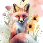 Text: "14", "Fuchs". Eine Illustration eines lächelnden Fuchses vor bunten Blumen und Schmetterlingen.